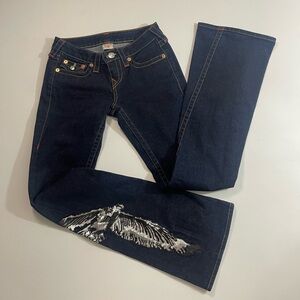True Religion Dark Blue Flare Jeans with Eagle Design